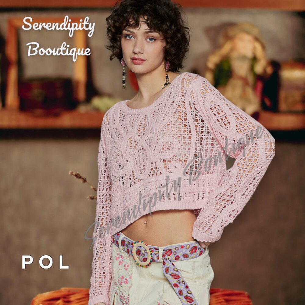 POL Petal Pink Crochet Semi Sheer Long Sleeve Crochet Soft Cotton Sweater Top - Picture 6 of 11